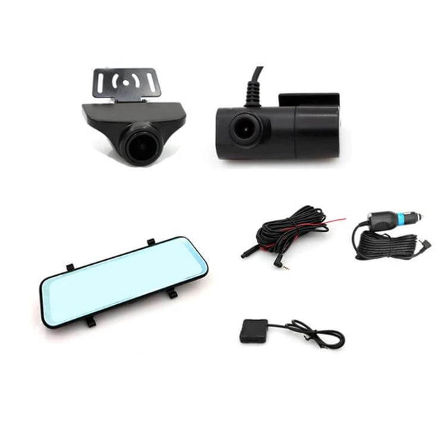 Triple Camera Dash Cam for Cars with GPS and Blind Spot Detection showing front, interior, and blind spot cameras with mirror mount and cables
