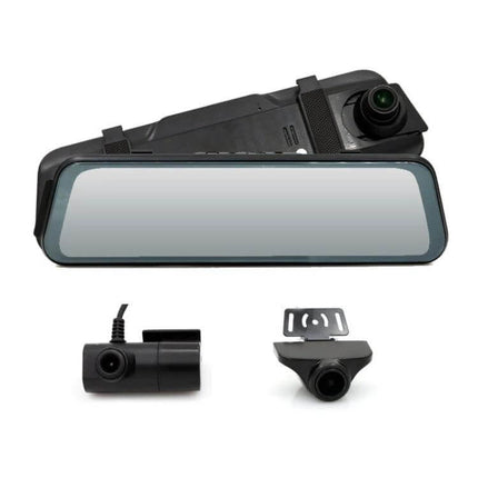 Triple Camera Dash Cam for Cars with GPS and Blind Spot Detection installed on rearview mirror with front, interior and blind spot lenses