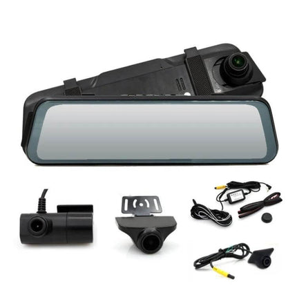 Triple Camera Dash Cam for Cars with GPS and Blind Spot Detection rearview mirror mount with three cameras and wiring kit