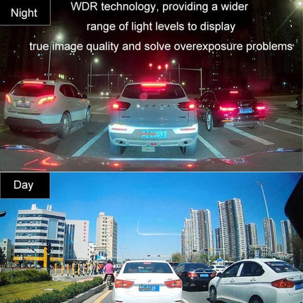 Triple Camera Dash Cam for Cars with GPS and Blind Spot Detection showing day and night road views from multiple angles