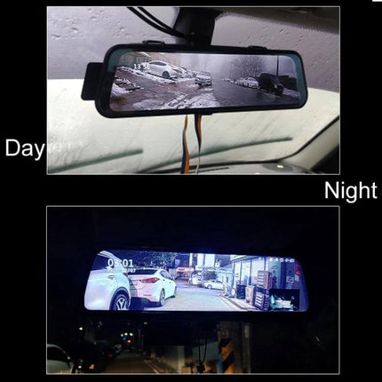 Triple Camera Dash Cam for Cars with GPS and Blind Spot Detection showing day and night rearview mirror display