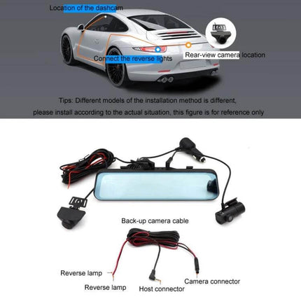 Triple Camera Dash Cam for Cars with GPS and Blind Spot Detection showing rear-view camera location and installation cables