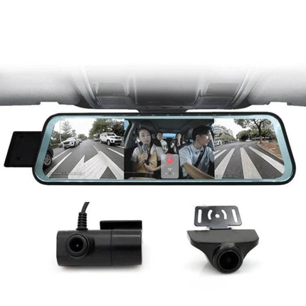 Triple Camera Dash Cam for Cars with GPS and Blind Spot Detection mounted on rearview mirror showing front, interior, and side views