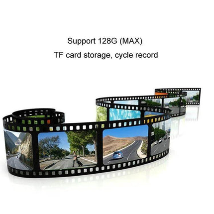 Triple Camera Dash Cam for Cars with GPS and Blind Spot Detection showing filmstrip of recorded road, interior and blind spot views, supports 128G TF card