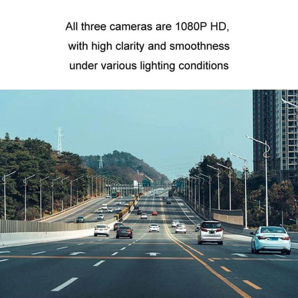 Triple Camera Dash Cam for Cars with GPS and Blind Spot Detection capturing clear 1080P front road view for accident documentation and situational awareness