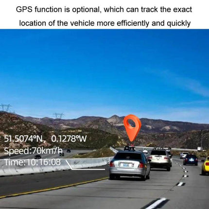Triple Camera Dash Cam for Cars with GPS and Blind Spot Detection showing highway driving view, GPS coordinates, speed and time overlay
