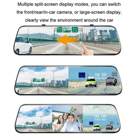 Triple Camera Dash Cam for Cars with GPS and Blind Spot Detection wide split-screen display showing front, rear and interior views for driving safety