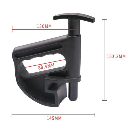 Handy Bead Clamp for DIY Tire Changes at Home - black plastic bead clamp with measurements for garage tire removal and installation