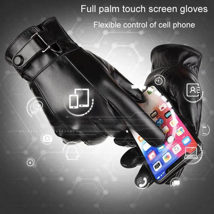 Leather Winter Gloves For Men With Touchscreen For Everyday Use - black PU leather touchscreen gloves with velvet lining shown using smartphone