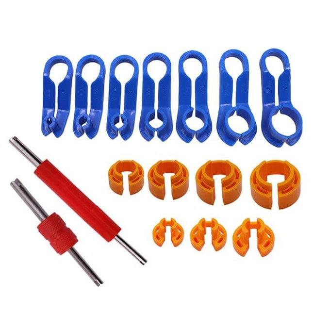Car Air Conditioning Quick Removal Tool Set, 16 Pieces blue and orange plastic disconnect tools for automotive AC pipes and brake lines