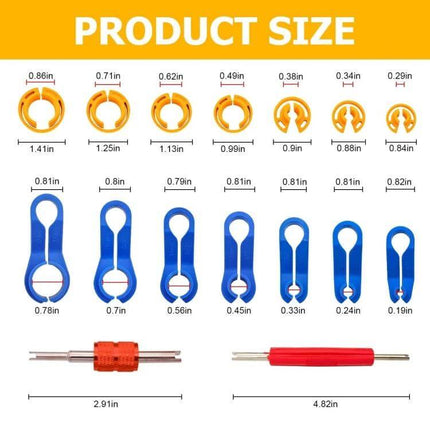 Car Air Conditioning Quick Removal Tool Set, 16 Pieces - labeled plastic clips and removal tools with sizes for automotive AC pipes and brake lines