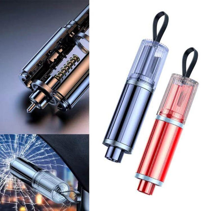 Portable Car Safety Hammer for Emergency Window Breaking and Seat Belt Cutting — compact tungsten emergency glass breaker and seatbelt cutter, silver and red