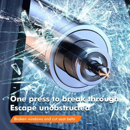 Portable Car Safety Hammer for Emergency Window Breaking and Seat Belt Cutting - tungsten tip shattering car window to escape
