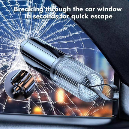 Portable Car Safety Hammer for Emergency Window Breaking and Seat Belt Cutting shown breaking a car window with tungsten tip and integrated seatbelt cutter