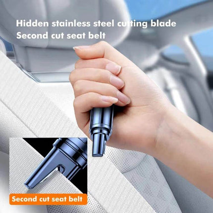 Portable Car Safety Hammer for Emergency Window Breaking and Seat Belt Cutting shown cutting seat belt with hidden stainless steel blade in car