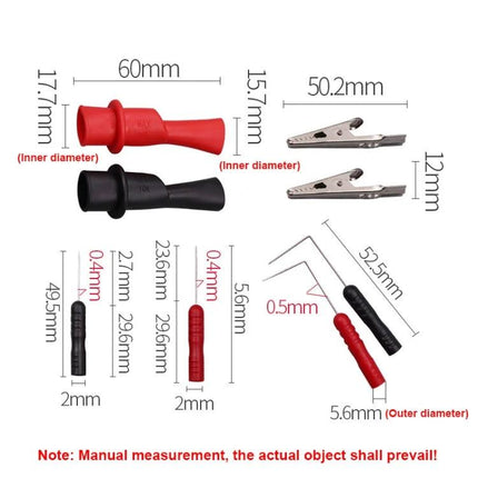 Practical Probe Set for Everyday Automotive Diagnostics - red and black insulated probe tips, alligator clips and pin probes with measurements