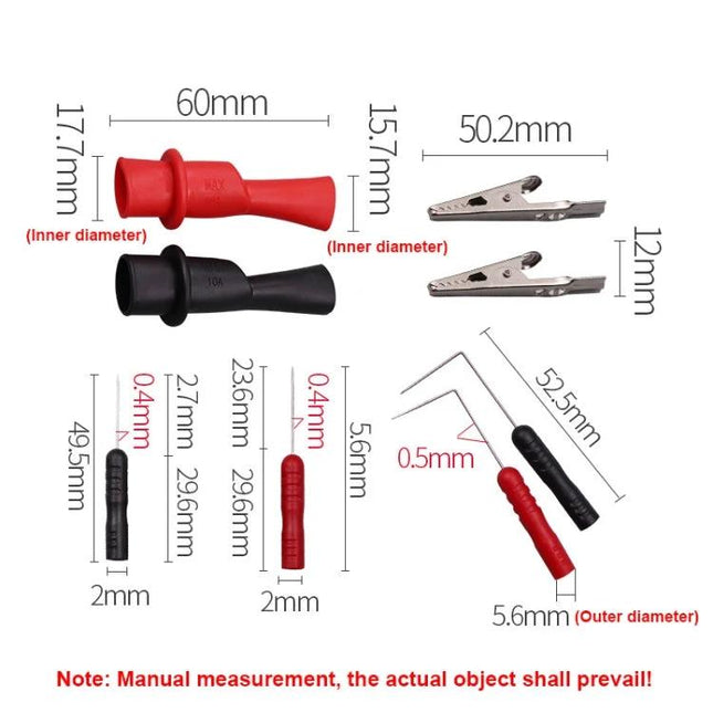 Practical Probe Set for Everyday Automotive Diagnostics - red and black insulated probe tips, alligator clips and pin probes with measurements