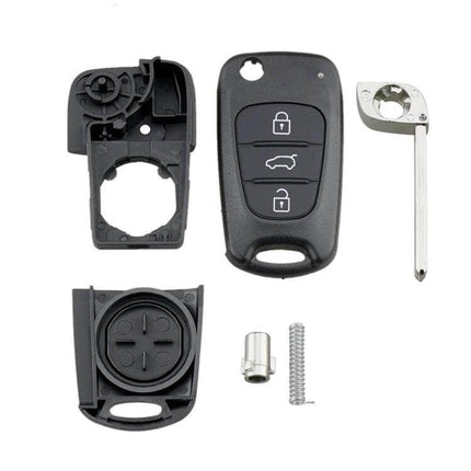 Hyundai And Kia 3 Button Folding Car Key Shell Replacement - black engineering plastic shell with key blade and components
