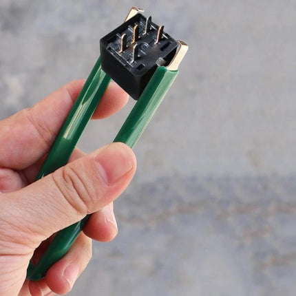 Handy Tweezers for Everyday Car Repairs and Gadget Maintenance, green double-hook tweezers gripping electrical connector for precise gadget and car wiring work