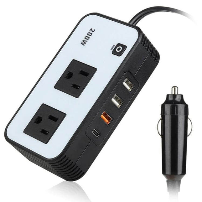 200W Car Power Inverter with US Plug for Camping and Travel compact 200W DC 12V to AC 110V inverter with dual outlets and USB ports for camping and travel