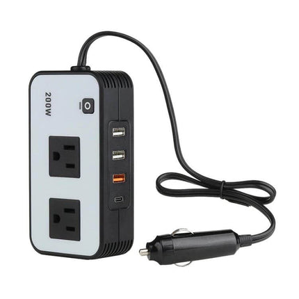 200W Car Power Inverter with US Plug for Camping and Travel - compact 200W DC 12V to AC 110V inverter with two US outlets and USB ports for camping and road trips