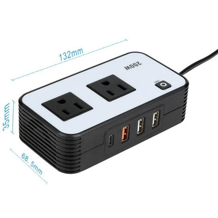 200W Car Power Inverter with US Plug for Camping and Travel compact dual AC outlets and multiple USB ports for charging devices on road trips and camping