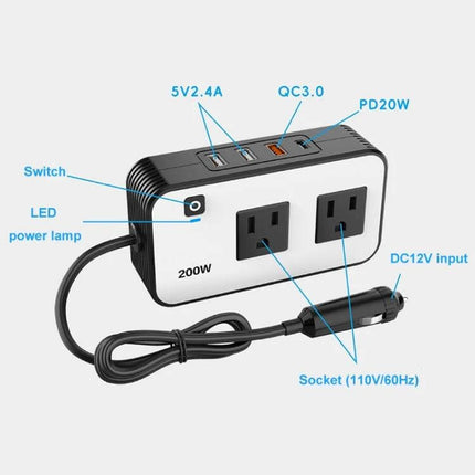 200W Car Power Inverter with US Plug for Camping and Travel - dual AC sockets, USB PD20W, QC3.0, 5V2.4A ports, DC12V cigarette plug