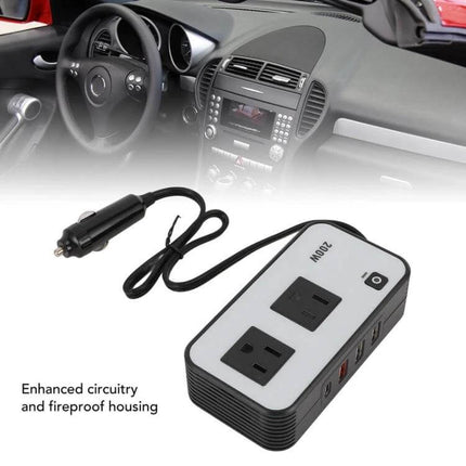 200W Car Power Inverter with US Plug for Camping and Travel - 200W DC 12V to AC 110V car inverter with two AC outlets and USB ports, ideal for camping and road trips