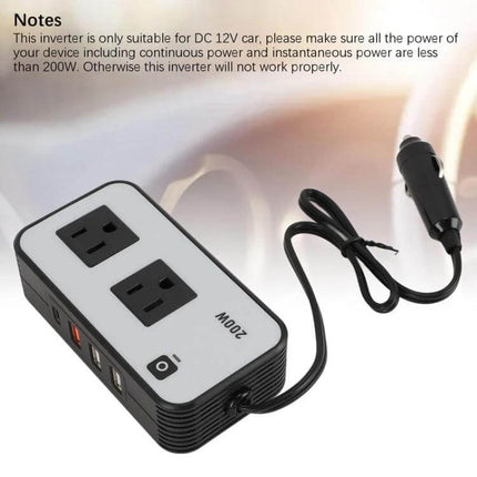 200W Car Power Inverter with US Plug for Camping and Travel - compact 200W DC 12V to AC 110V inverter with dual US outlets and car cigarette plug for camping