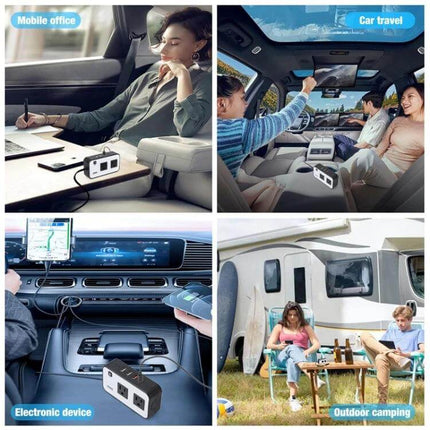 200W Car Power Inverter with US Plug for Camping and Travel - compact 12V to 110V adapter powering laptops, phones in car, RV, camping (dual USB, AC outlets)