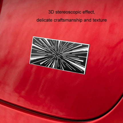 Sports Style Metal Tail Label Sticker for 2024 Tesla Model 3 and Y on red Tesla trunk showing plaid/time-tunnel metal 3D effect