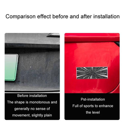 Sports Style Metal Tail Label Sticker for 2024 Tesla Model 3 and Y showing before-and-after rear installation with plaid/time tunnel 3D effect