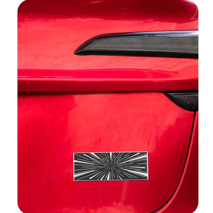 Sports Style Metal Tail Label Sticker for 2024 Tesla Model 3 and Y on red Tesla rear, metal plaid/time tunnel 3D decal
