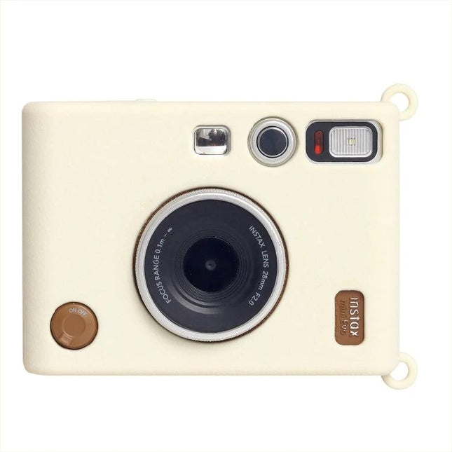 Durable Soft Silicone Protective Case for Fujifilm Instax Mini EVO cream cover shown on camera front, protects lens and buttons