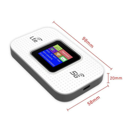 Portable 4G Mobile WiFi Router for On-the-Go Connectivity — compact white 98×58×20mm 4G LTE portable hotspot with color display