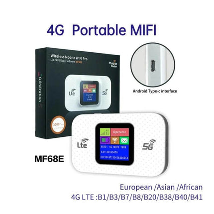 Portable 4G Mobile WiFi Router for On-the-Go Connectivity white MF68E device with screen and packaging, SIM-based 4G LTE portable hotspot