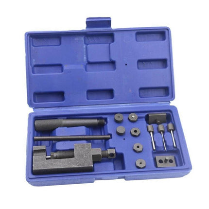 Universal Chain Removal Tool Set For Motorcycle And Bicycle Repair 14 Piece in blue storage case with carbon steel tools organized for chain splitting riveting