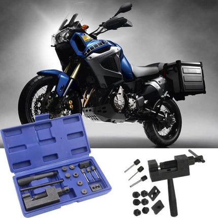 Universal Chain Removal Tool Set For Motorcycle And Bicycle Repair 14 Piece - carbon steel 14-piece repair kit with storage case shown next to touring motorcycle