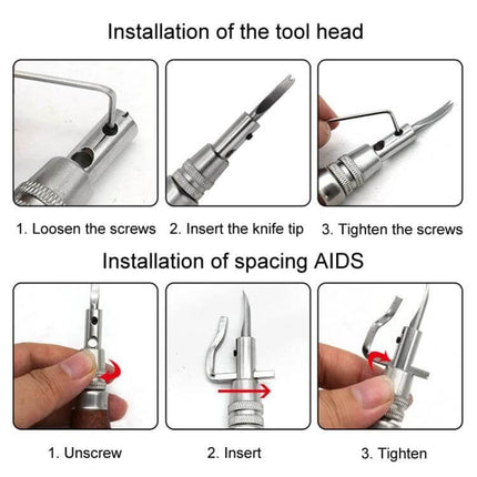 Leather Edge Presser Groove Cutter With Detachable Blades showing tool head and spacing aids installation steps