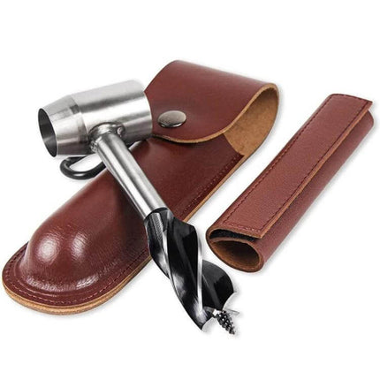 Outdoor Survival Drill Bit With Leather Sheath For Camping - hardened stainless steel bit with leather sheath for making traps, cups, ladders (compact 160x40mm)