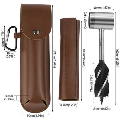 Outdoor Survival Drill Bit With Leather Sheath For Camping — hardened stainless steel auger, 160x40mm with brown leather sheath and carabiner