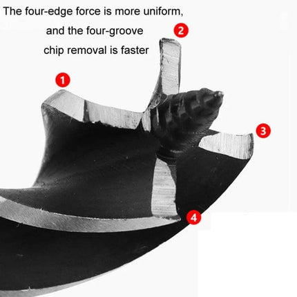 Outdoor Survival Drill Bit With Leather Sheath For Camping close-up showing four-edge cutting head and center screw tip for faster chip removal