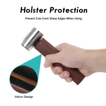 Outdoor Survival Drill Bit With Leather Sheath For Camping – hand holding leather sheath holster protecting hammer handle with Velcro design
