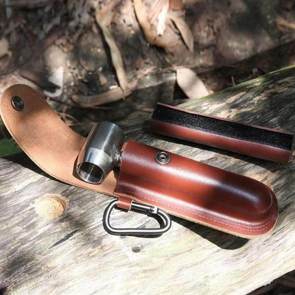 Outdoor Survival Drill Bit With Leather Sheath For Camping compact hardened stainless steel drill bit in leather sheath with carabiner on wooden log