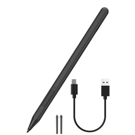 Microsoft Surface Compatible Anti-Touch Handwriting Pen shown with USB-C charging cable, two replacement tips and slim black stylus body