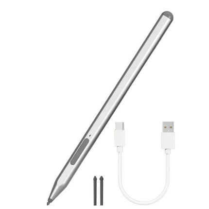 Microsoft Surface Compatible Anti-Touch Handwriting Pen shown in silver with two replacement tips and USB charging cable, palm rejection stylus for tablets