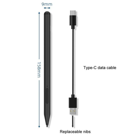 Microsoft Surface Compatible Anti-Touch Handwriting Pen showing slim black stylus with Type-C data cable and replaceable nibs (158mm, 9mm)