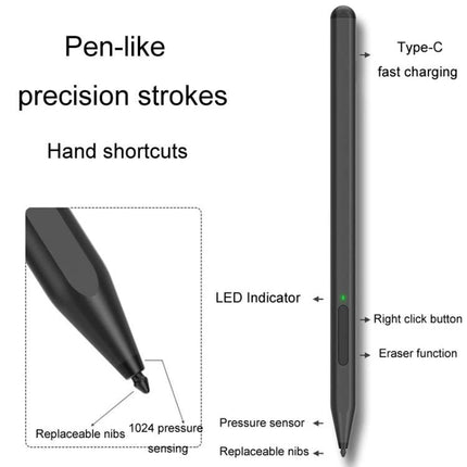 Microsoft Surface Compatible Anti-Touch Handwriting Pen shown with Type-C charging, LED, right-click button, eraser, pressure sensor, replaceable nibs