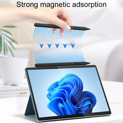 Microsoft Surface Compatible Anti-Touch Handwriting Pen shown magnetically attaching to a Surface tablet with palm rejection and smooth writing