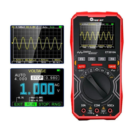 Tooltop 2-in-1 Oscilloscope and Multimeter for DIY Projects handheld device showing waveform display and digital multimeter readings